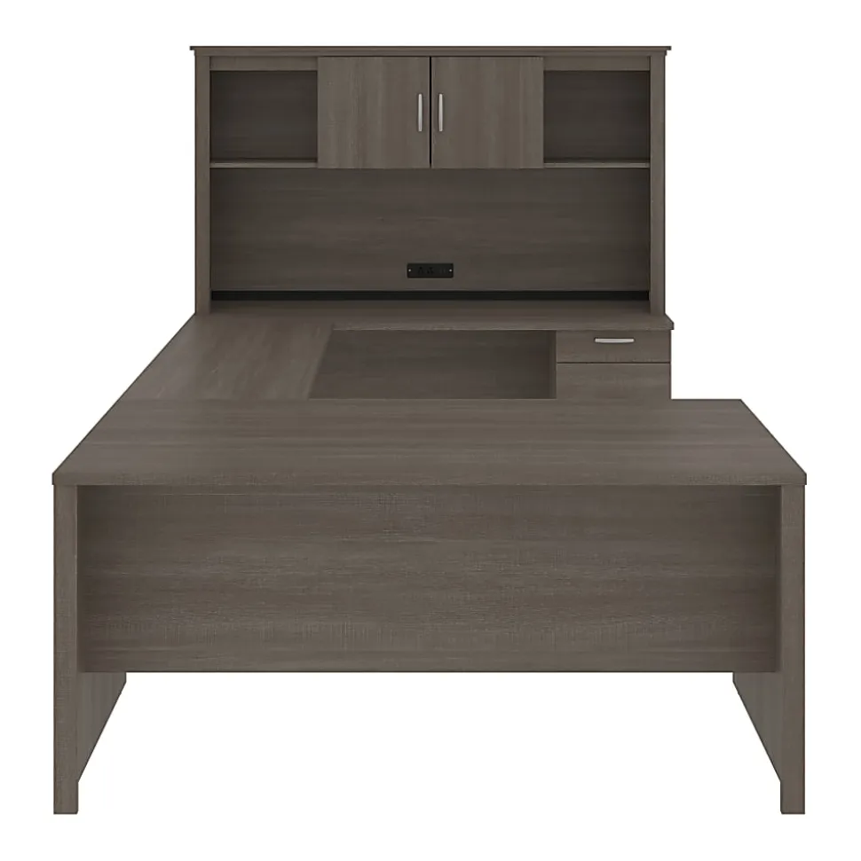 Bestar Logan 66”W U- Or L-Shaped Executive Corner Desk With Pedestal And Hutch, Bark Gray