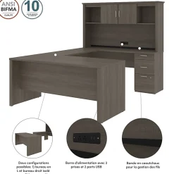 Bestar Logan 66”W U- Or L-Shaped Executive Corner Desk With Pedestal And Hutch, Bark Gray