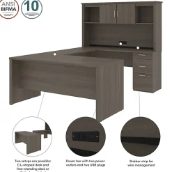 Bestar Logan 66”W U- Or L-Shaped Executive Corner Desk With Pedestal And Hutch, Bark Gray