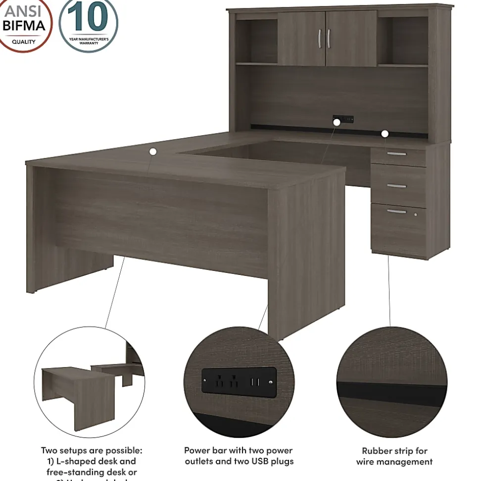 Bestar Logan 66”W U- Or L-Shaped Executive Corner Desk With Pedestal And Hutch, Bark Gray