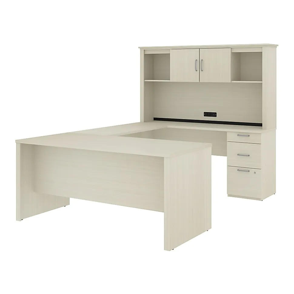 Bestar Logan 66”W U- Or L-Shaped Executive Corner Desk With Pedestal And Hutch, White Chocolate
