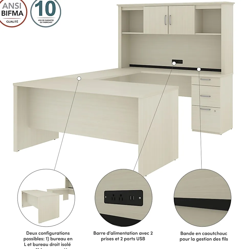Bestar Logan 66”W U- Or L-Shaped Executive Corner Desk With Pedestal And Hutch, White Chocolate