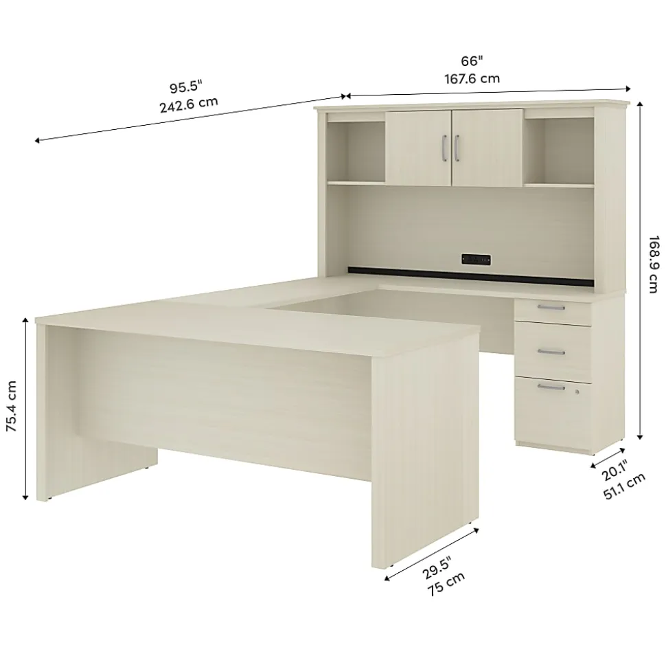 Bestar Logan 66”W U- Or L-Shaped Executive Corner Desk With Pedestal And Hutch, White Chocolate