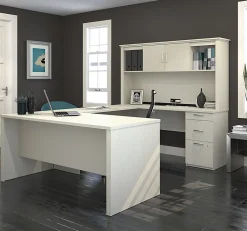 Bestar Logan 66”W U- Or L-Shaped Executive Corner Desk With Pedestal And Hutch, White Chocolate