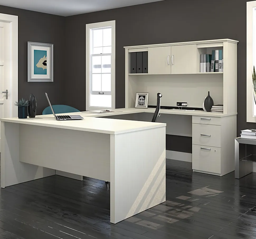 Bestar Logan 66”W U- Or L-Shaped Executive Corner Desk With Pedestal And Hutch, White Chocolate