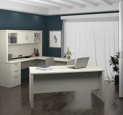 Bestar Logan 66”W U- Or L-Shaped Executive Corner Desk With Pedestal And Hutch, White Chocolate