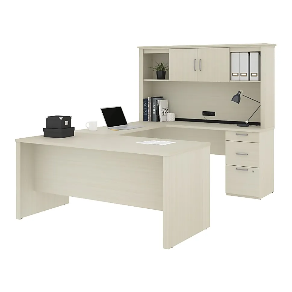 Bestar Logan 66”W U- Or L-Shaped Executive Corner Desk With Pedestal And Hutch, White Chocolate