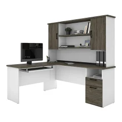 Bestar Norma 71"W L-Shaped Corner Desk With Hutch, Walnut Gray/White