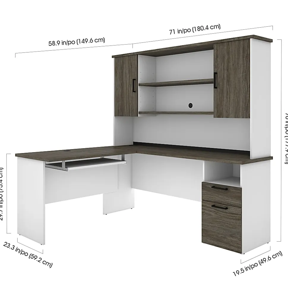 Bestar Norma 71"W L-Shaped Corner Desk With Hutch, Walnut Gray/White