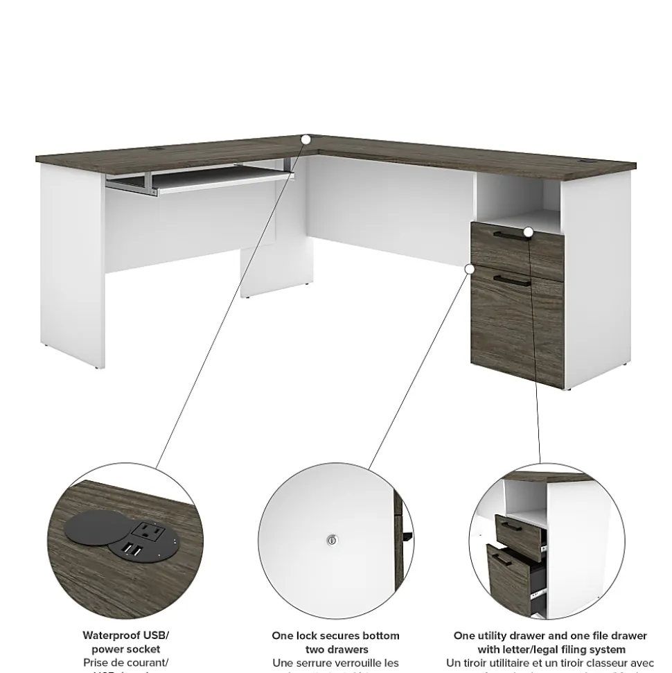 Bestar Norma 71"W L-Shaped Corner Desk With Hutch, Walnut Gray/White