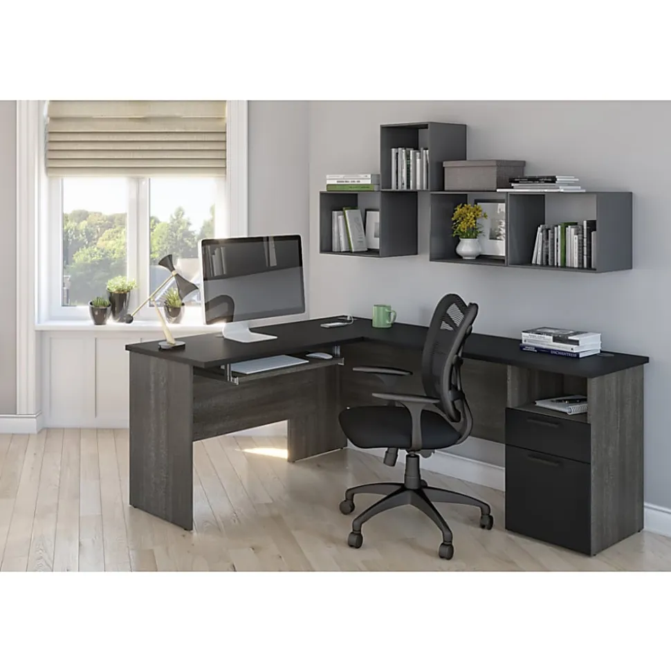 Bestar Norma 71"W L-Shaped Corner Desk, Black/ Bark Gray