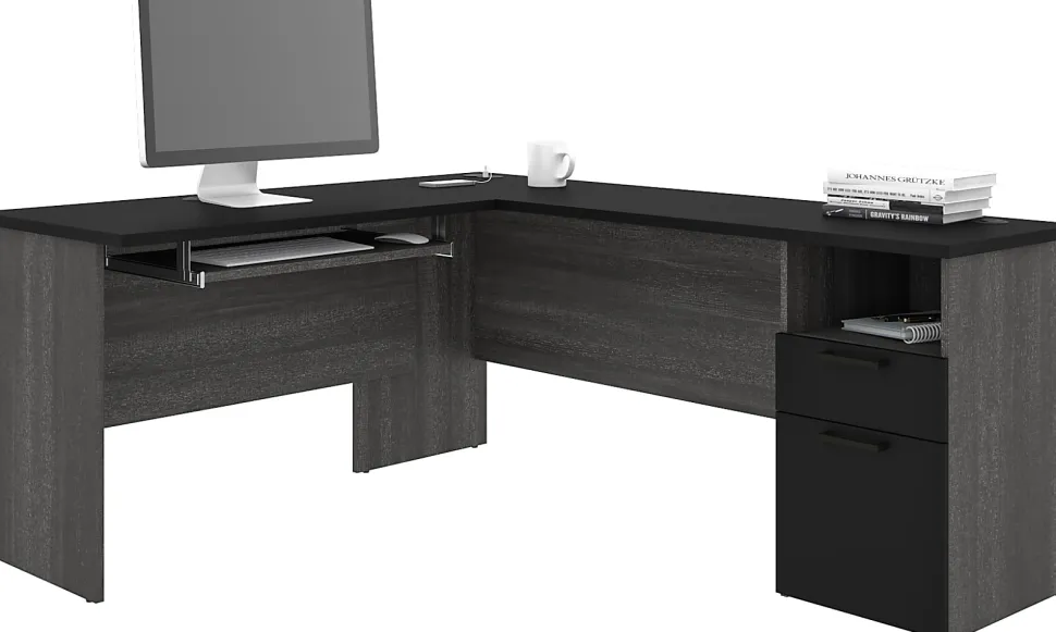 Bestar Norma 71"W L-Shaped Corner Desk, Black/ Bark Gray