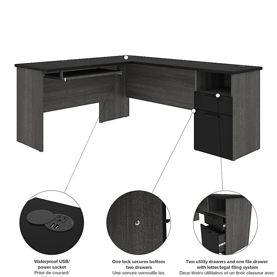 Bestar Norma 71"W L-Shaped Corner Desk, Black/ Bark Gray