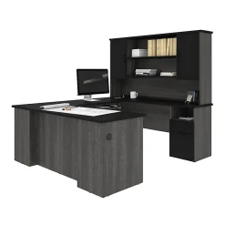 Bestar Norma 71"W U- Or L-Shaped Executive Corner Desk With Hutch, Black/Bark Gray