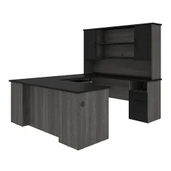 Bestar Norma 71"W U- Or L-Shaped Executive Corner Desk With Hutch, Black/Bark Gray