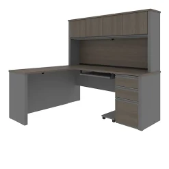 Bestar Prestige + 72”W L-Shaped Corner Desk With Pedestal And Hutch, Bark Gray/Slate