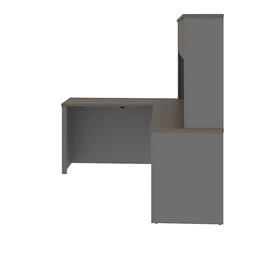 Bestar Prestige + 72”W L-Shaped Corner Desk With Pedestal And Hutch, Bark Gray/Slate
