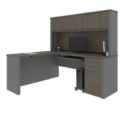 Bestar Prestige + 72”W L-Shaped Corner Desk With Pedestal And Hutch, Bark Gray/Slate