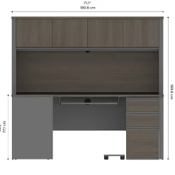 Bestar Prestige + 72”W L-Shaped Corner Desk With Pedestal And Hutch, Bark Gray/Slate