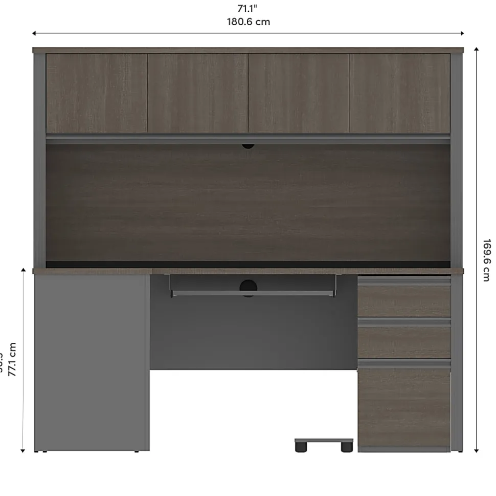 Bestar Prestige + 72”W L-Shaped Corner Desk With Pedestal And Hutch, Bark Gray/Slate