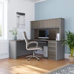 Bestar Prestige + 72”W L-Shaped Corner Desk With Pedestal And Hutch, Bark Gray/Slate