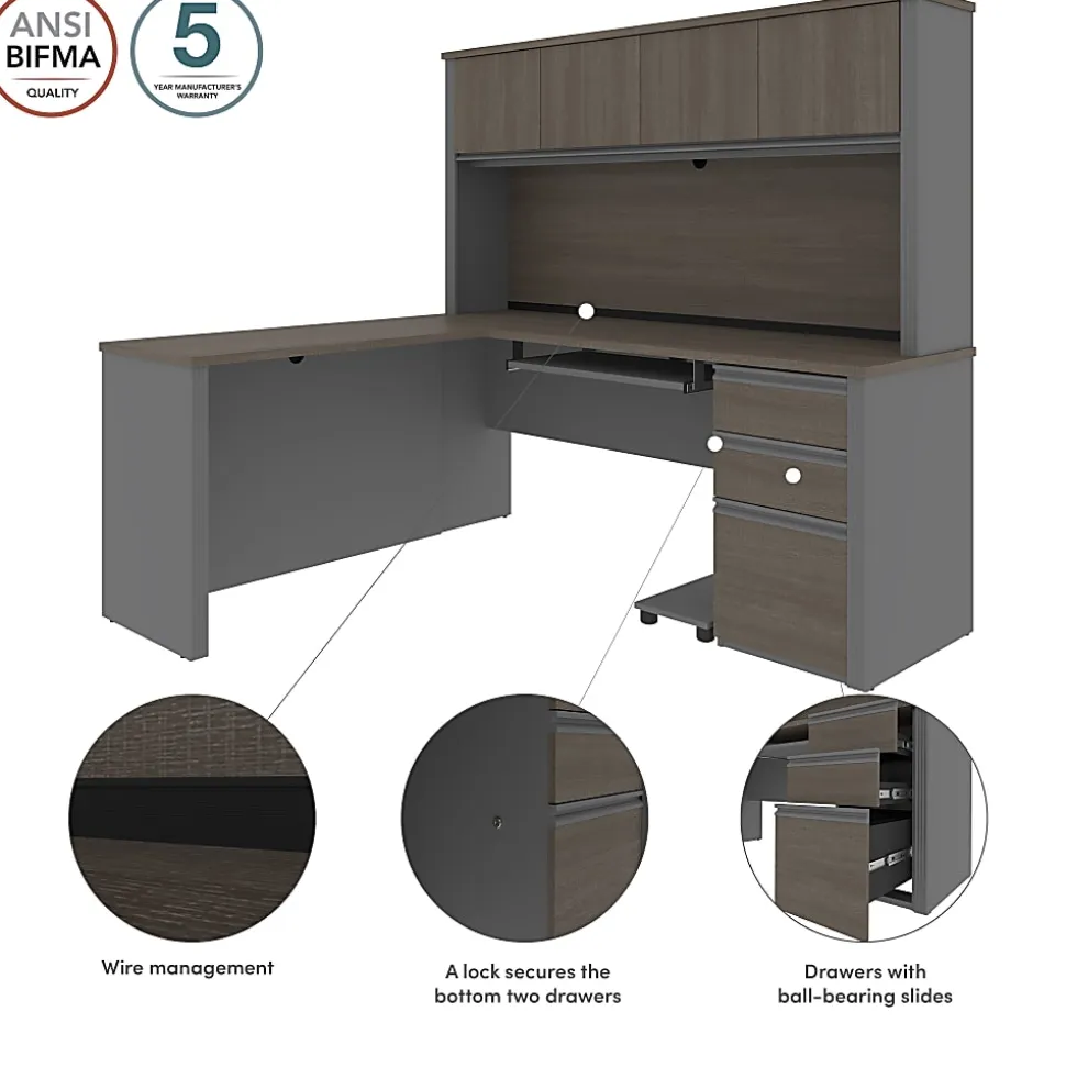 Bestar Prestige + 72”W L-Shaped Corner Desk With Pedestal And Hutch, Bark Gray/Slate