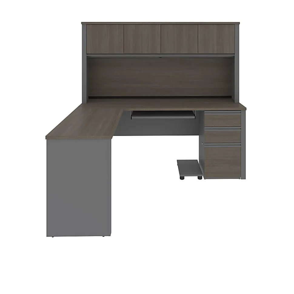 Bestar Prestige + 72”W L-Shaped Corner Desk With Pedestal And Hutch, Bark Gray/Slate