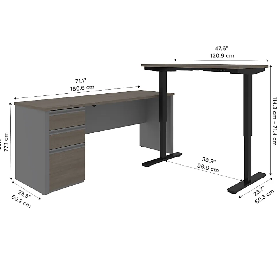 Bestar Prestige + 72"W L-Shaped Standing Corner Desk With Pedestal, Bark Gray/Slate