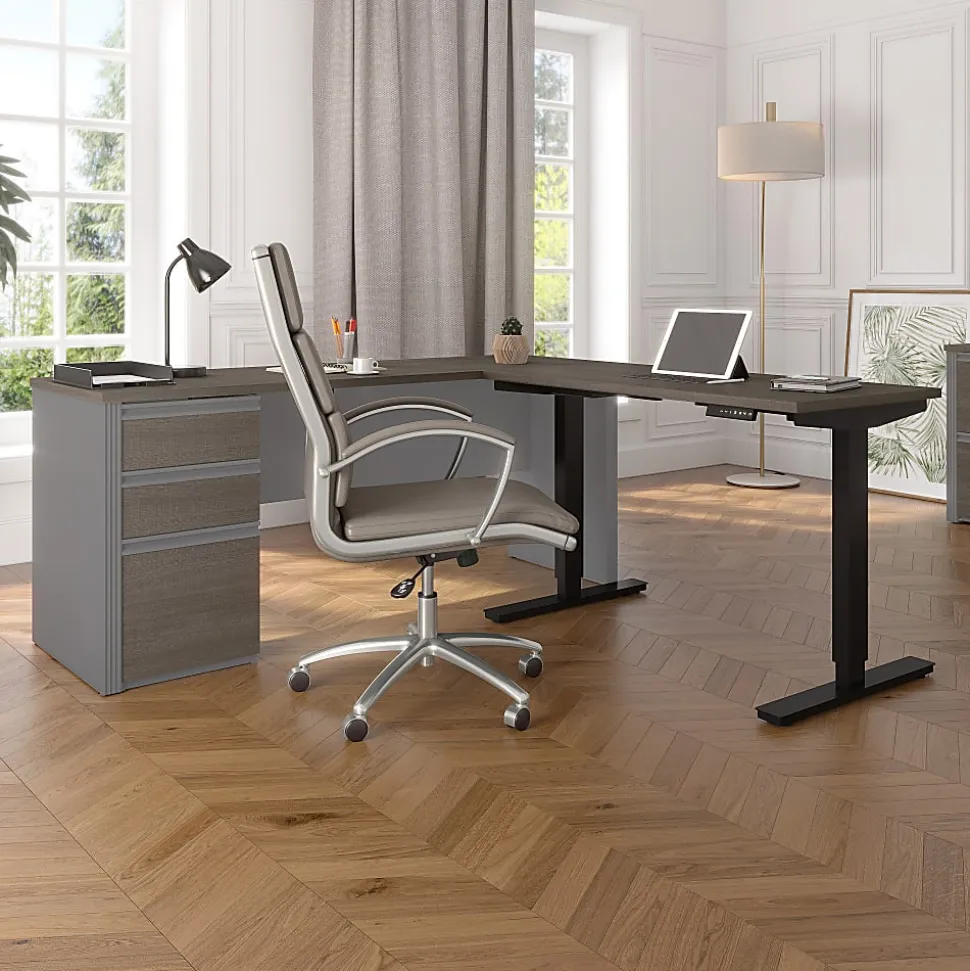 Bestar Prestige + 72"W L-Shaped Standing Corner Desk With Pedestal, Bark Gray/Slate