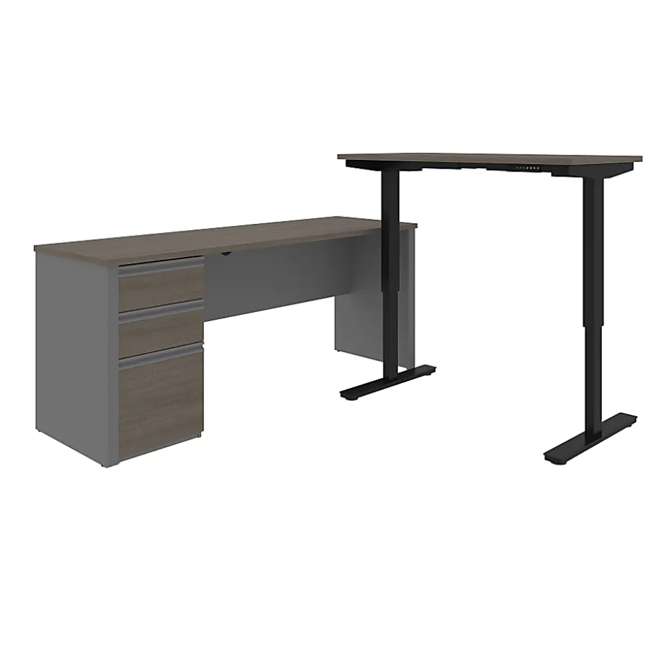 Bestar Prestige + 72"W L-Shaped Standing Corner Desk With Pedestal, Bark Gray/Slate