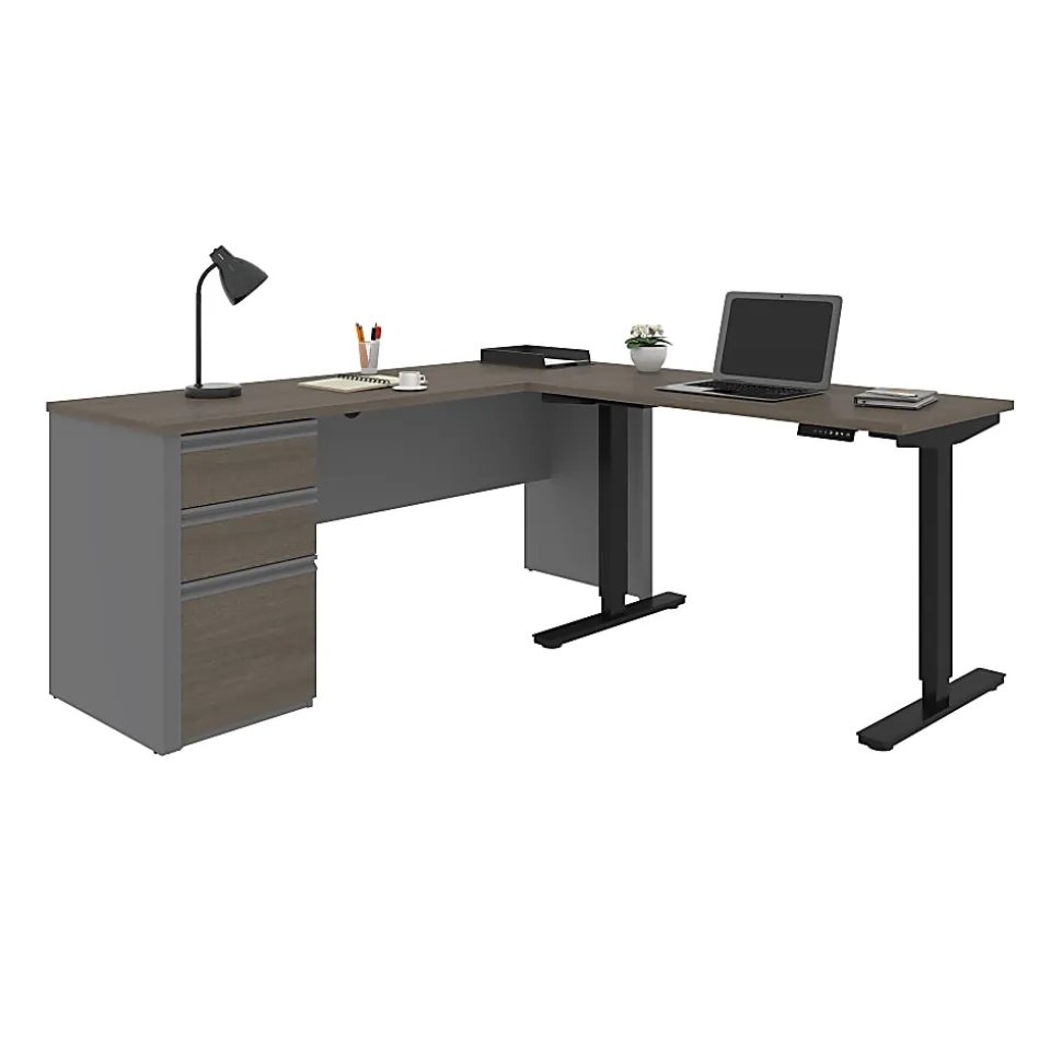 Bestar Prestige + 72"W L-Shaped Standing Corner Desk With Pedestal, Bark Gray/Slate