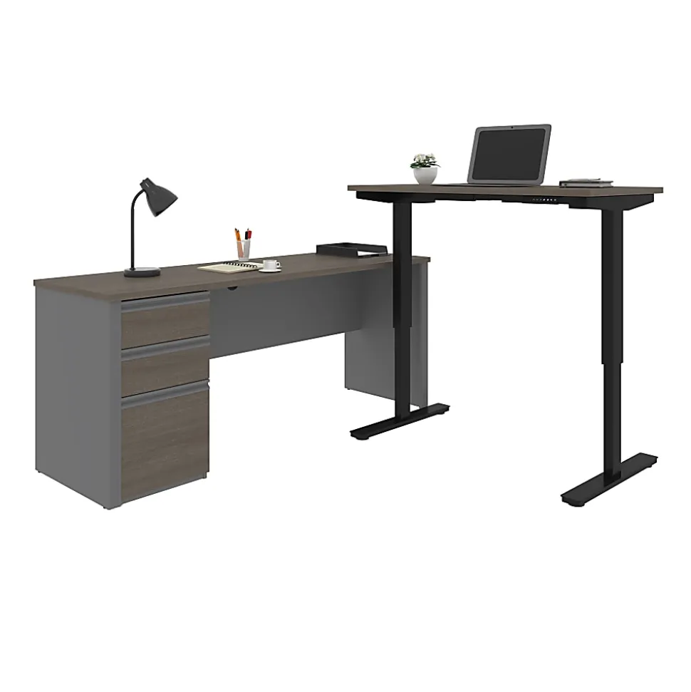 Bestar Prestige + 72"W L-Shaped Standing Corner Desk With Pedestal, Bark Gray/Slate