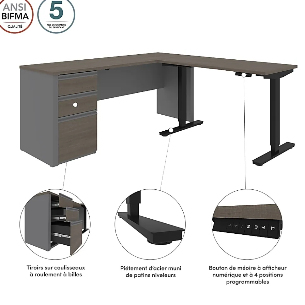 Bestar Prestige + 72"W L-Shaped Standing Corner Desk With Pedestal, Bark Gray/Slate
