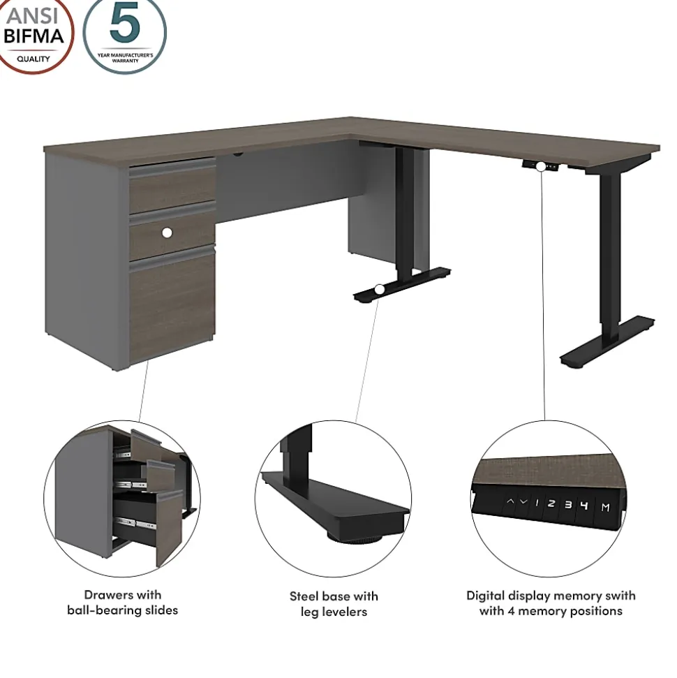 Bestar Prestige + 72"W L-Shaped Standing Corner Desk With Pedestal, Bark Gray/Slate