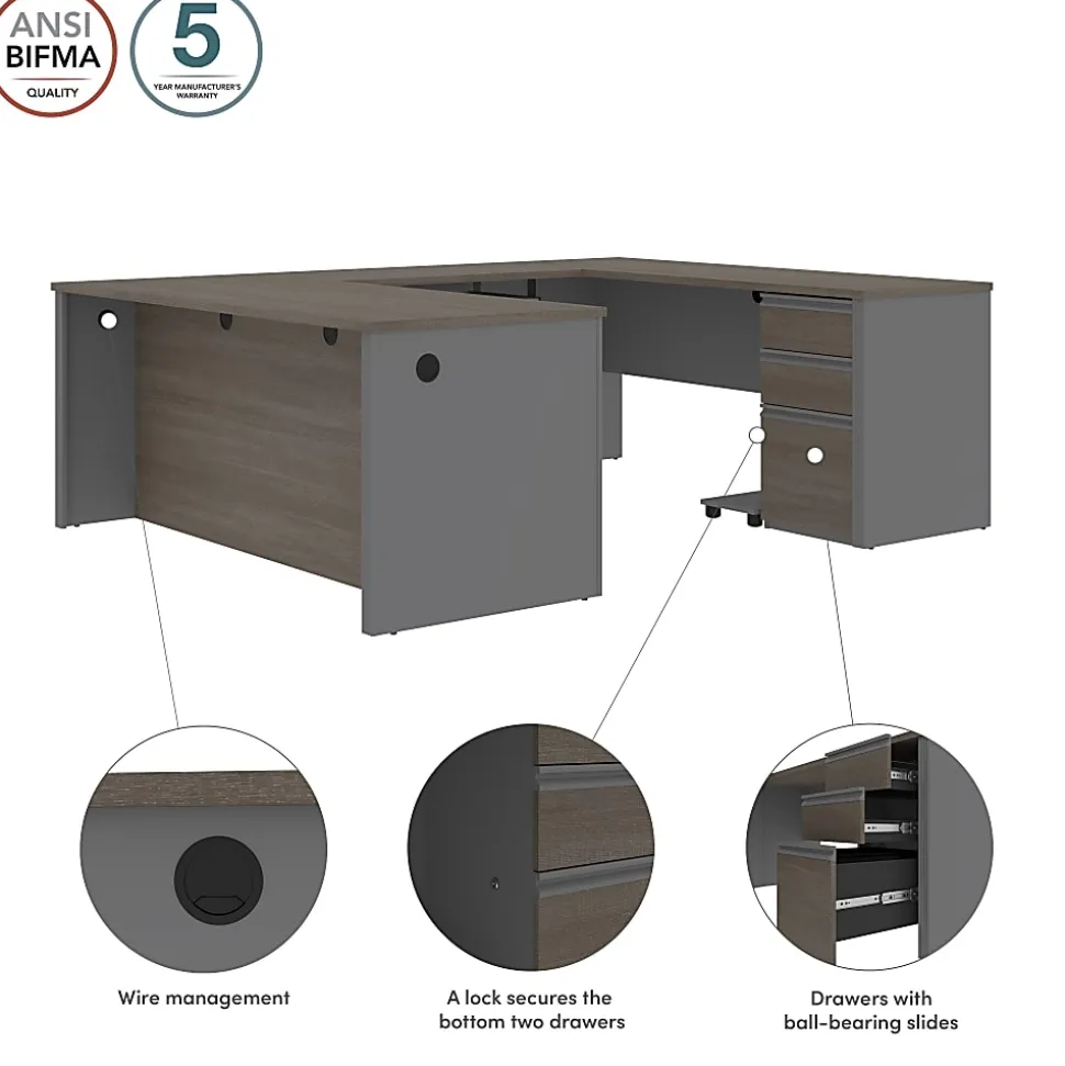 Bestar Prestige + 72”W U-Shaped Executive Computer Desk With Pedestal, Bark Gray/Slate