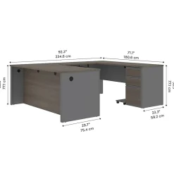 Bestar Prestige + 72”W U-Shaped Executive Computer Desk With Pedestal, Bark Gray/Slate