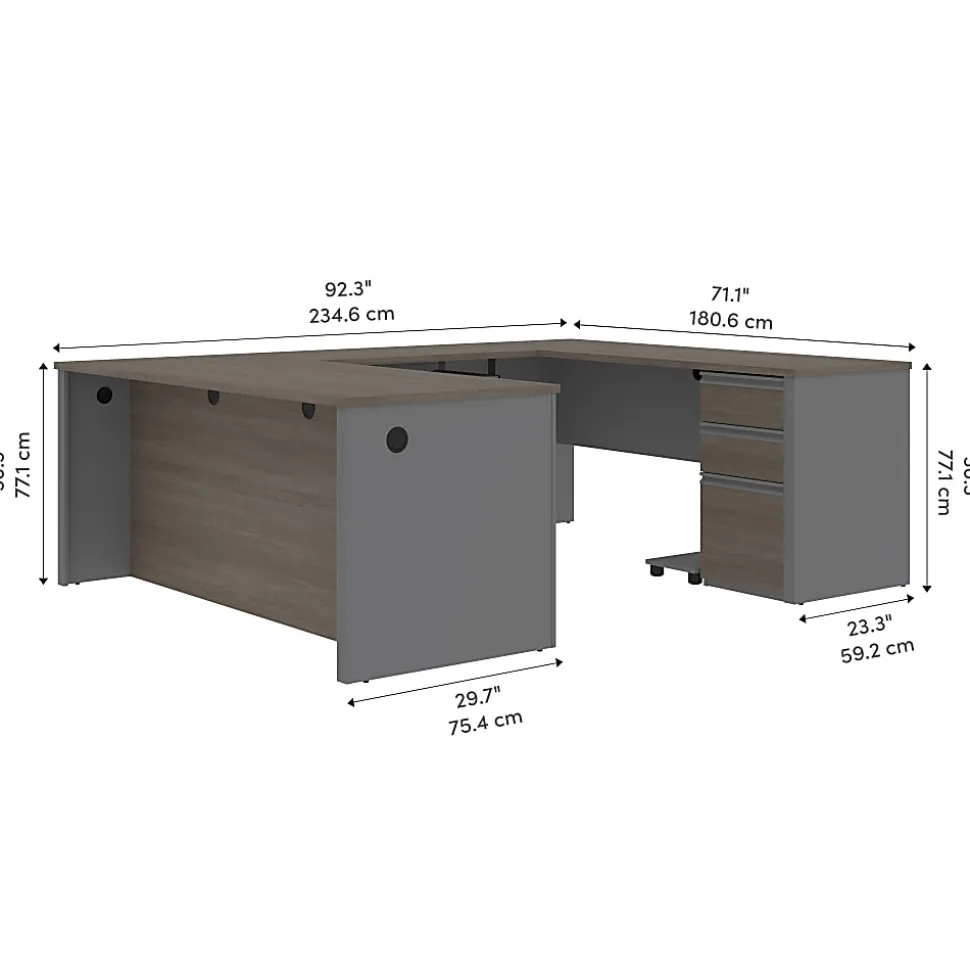 Bestar Prestige + 72”W U-Shaped Executive Computer Desk With Pedestal, Bark Gray/Slate