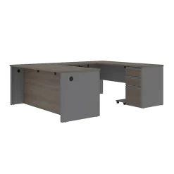 Bestar Prestige + 72”W U-Shaped Executive Computer Desk With Pedestal, Bark Gray/Slate