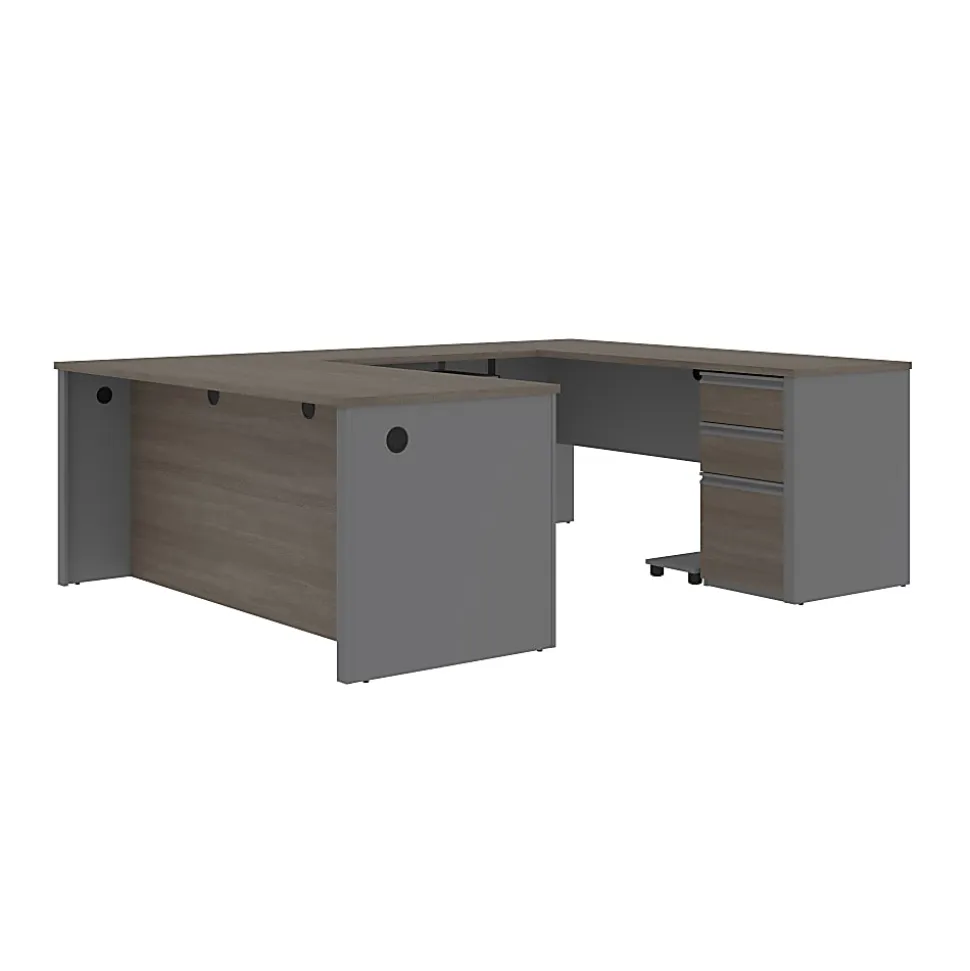 Bestar Prestige + 72”W U-Shaped Executive Computer Desk With Pedestal, Bark Gray/Slate