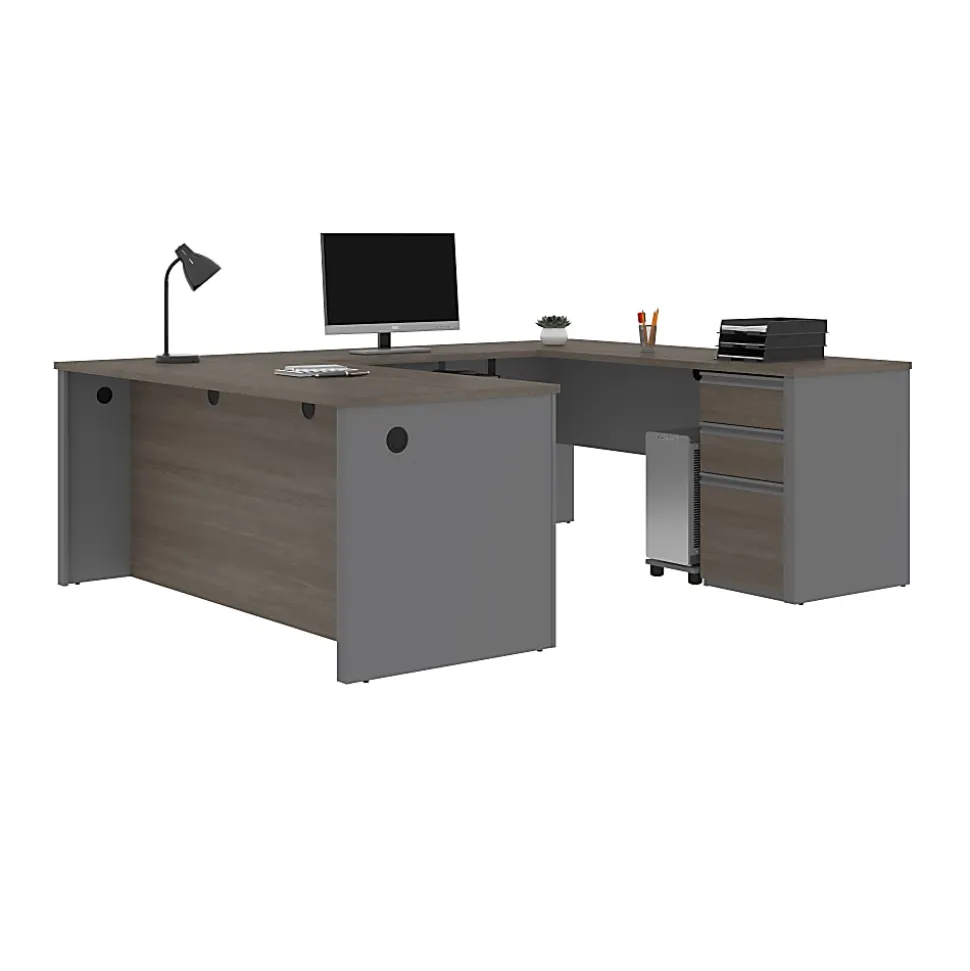 Bestar Prestige + 72”W U-Shaped Executive Computer Desk With Pedestal, Bark Gray/Slate