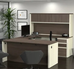 Bestar Prestige + 72”W U-Shaped Executive Computer Desk With 2 Pedestals And Hutch, White Chocolate/ Antigua