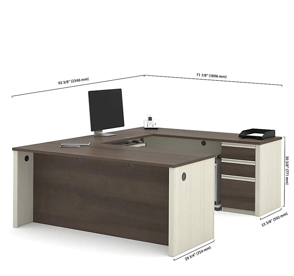 Bestar Prestige + 72”W U-Shaped Executive Computer Desk With Pedestal, White Chocolate/Antigua