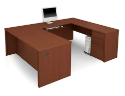 Bestar Prestige + 72”W U-Shaped Executive Computer Desk With Pedestal, White Chocolate/Antigua