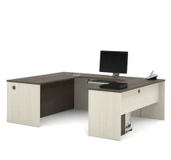Bestar Prestige + 72”W U-Shaped Executive Computer Desk With Pedestal, White Chocolate/Antigua