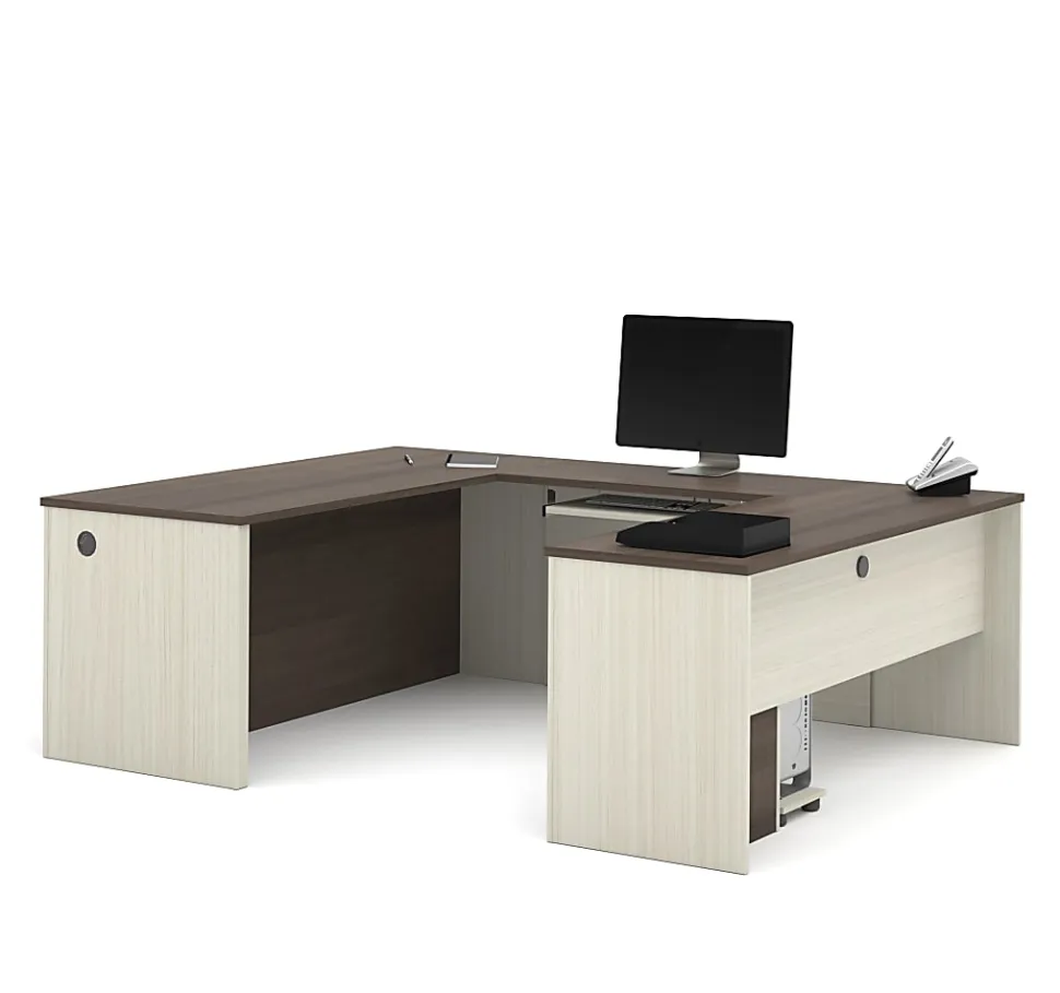 Bestar Prestige + 72”W U-Shaped Executive Computer Desk With Pedestal, White Chocolate/Antigua