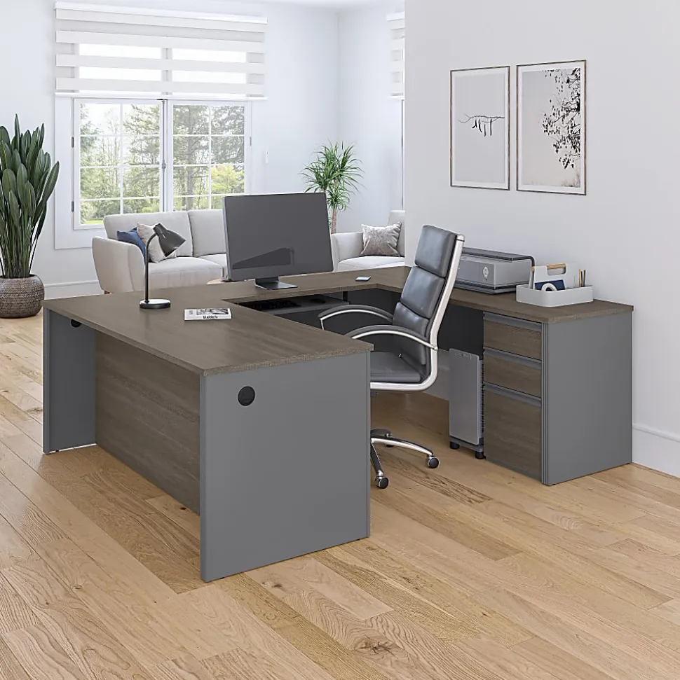 Bestar Prestige + 72”W U-Shaped Executive Computer Desk With Pedestal, White Chocolate/Antigua