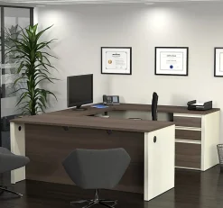 Bestar Prestige + 72”W U-Shaped Executive Computer Desk With Pedestal, White Chocolate/Antigua