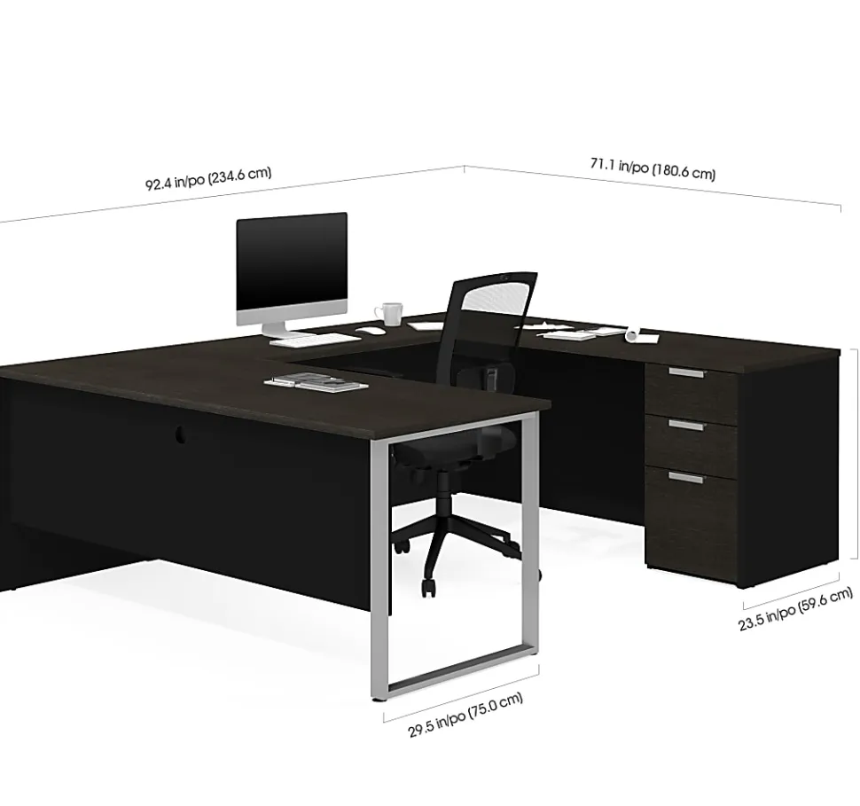 Bestar Pro-Concept Plus 72"W U-Shaped Executive Computer Desk With Pedestal, Deep Gray/Black
