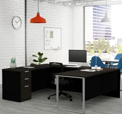 Bestar Pro-Concept Plus 72"W U-Shaped Executive Computer Desk With Pedestal, Deep Gray/Black