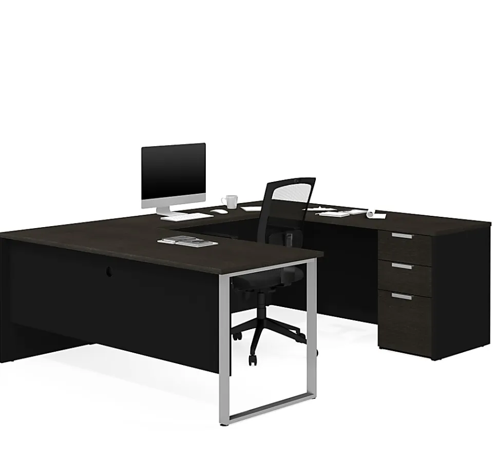 Bestar Pro-Concept Plus 72"W U-Shaped Executive Computer Desk With Pedestal, Deep Gray/Black